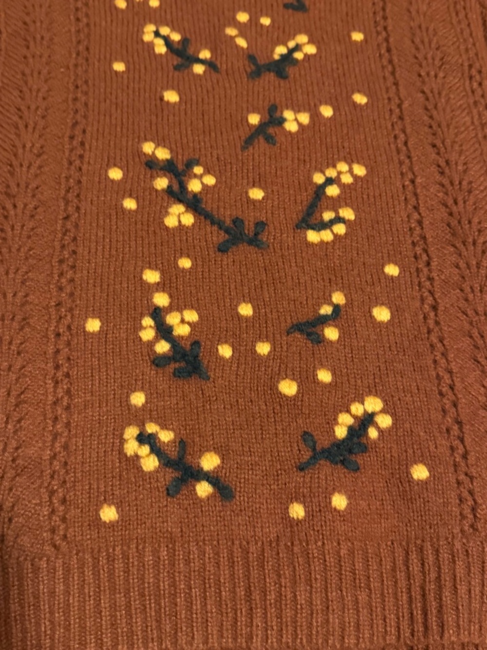 Sezane Gladys Rust Brown Knit Sweater with Yellow Floral Embroidery - Picture 5 of 7